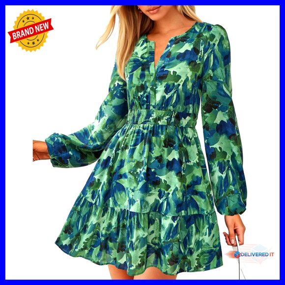 Dresses & Skirts - Long Sleeve Mini Dress with Elastic Waist Floral Boho Beach Wedding Guest